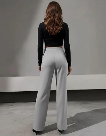 Pelin Jeans Kadın Pantolon Gri Bol Paça Kumaş Palazzo Yüksek Bel Beden 40