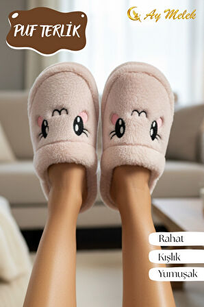 Kadın Ev Terliği Kışlık Peluş Pofuduk (Hayvan Figürlü) Kaymaz Taban Terlik
