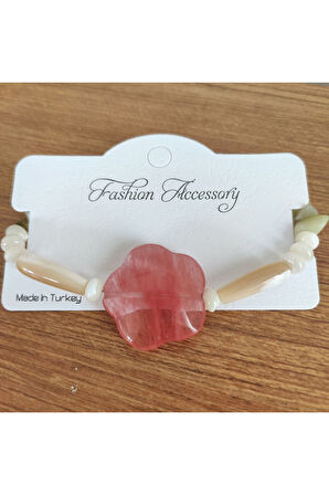 Pembe Kuvars Taşı & Sedef Yan Taşlı El Yapımı Bileklik - 6992