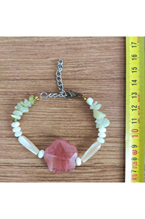 Pembe Kuvars Taşı & Sedef Yan Taşlı El Yapımı Bileklik - 6992