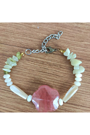 Pembe Kuvars Taşı & Sedef Yan Taşlı El Yapımı Bileklik - 6992