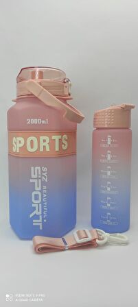 PEMBE-MAVİ 2'li SET Sport Motivasyonel Su Matarası Su Şişesi 2 Lt + 700 Ml Tritan - ALTIGEN