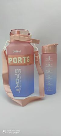 PEMBE-MAVİ 2'li SET Sport Motivasyonel Su Matarası Su Şişesi 2 Lt + 700 Ml Tritan - ALTIGEN