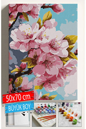 Sayılarla Boyama Seti Numaralı Tuval Fırça Boya Dahil Kasnaklı Set 50x70 Cm - PEMBE AĞAÇ