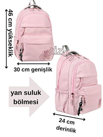 PEMBE OKUL ÇANTASI 2'Lİ SET Su Itici Özel Kumaş Hafif Sırt Çantası PONNY SULUK