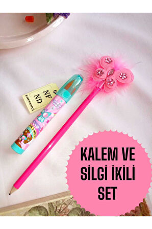 2Lİ SET PEMBE KALEM VE ROKET YUMURTLAYAN SİLGİ AKSESUARLI KALEM HEDİYE SÜSLÜ KURŞUNKALEM