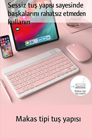  Kablosuz Bluetooth Klavye + Mouse Seti (iOS / Android / Windows Uyumlu) PEMBE