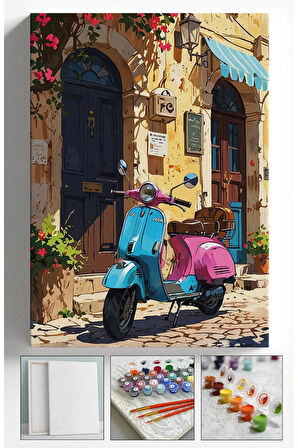 Sayılarla Boyama Çerçeveli Hobi Seti Numaralı Tuval Fırça Boya Dahil Kasnaklı PEMBE MOTOR 40X50 Cm