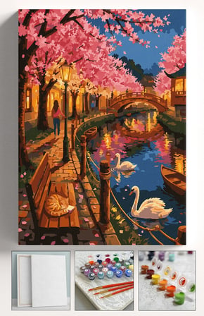Sayılarla Boyama Seti Numaralı Tuval Fırça Boya Askı Aparatı Dahil Set 40x50 Cm - PEMBE NEHİR