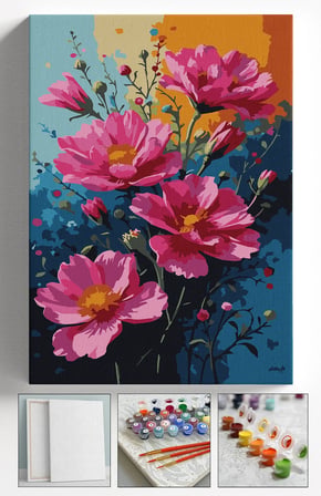 Sayılarla Boyama Seti Numaralı Tuval Fırça Boya Askı Aparatı Dahil Set 40x50 Cm - PEMBE SARI ÇİÇEK