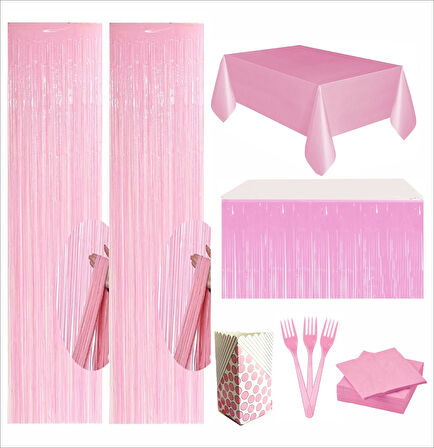 Pembe Masa Örtüsü, Pembe Masa Eteği, 2 adet Pembe Arka Fon, 10 adet Peçete, 10 adet Çatal, 8 Adet Mısır Kutusu