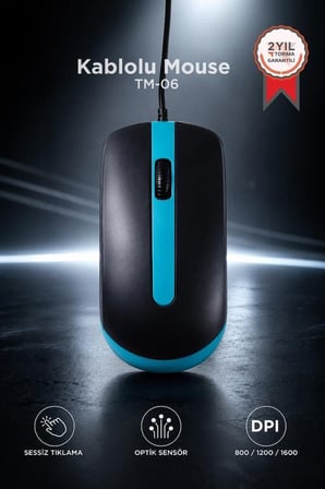 Öğrenci Aksesuar Ofis Mouse Optik Sessiz ve Ergonomik Tasarım Kablolu Fare TM06 Mavi