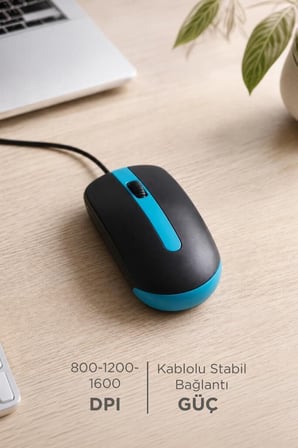Öğrenci Aksesuar Ofis Mouse Optik Sessiz ve Ergonomik Tasarım Kablolu Fare TM06 Mavi