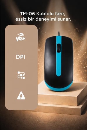 Öğrenci Aksesuar Ofis Mouse Optik Sessiz ve Ergonomik Tasarım Kablolu Fare TM06 Mavi