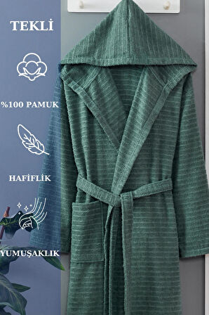 PERA Yeşil Pamuklu Kapşonlu Bornoz