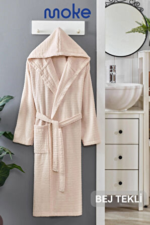 PERA Bej Pamuklu Kapşonlu Bornoz