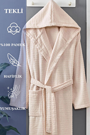 PERA Bej Pamuklu Kapşonlu Bornoz