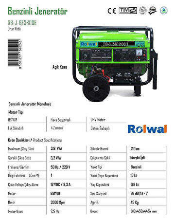 Rolwal 3.8 Kva Benzinli Ve Tekerlekli Taşınabilir Jeneratör