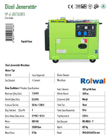 Rolwal 7.5 Kva Dizel Kapalı Kasa Taşınabilir Tekerlekli Jeneratör