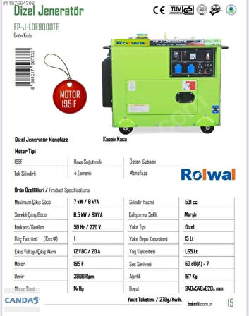 Rolwal 9 Kva Dizel Kapalı Kasa Taşınabilir Tekerlekli Jeneratör