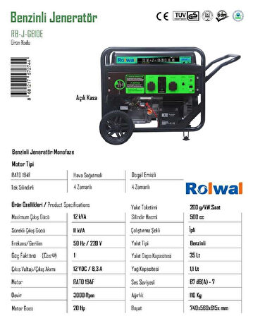 Rolwal 12 Kva Benzinli Ve Tekerlekli Taşınabilir Jeneratör