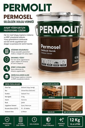 Permosel Selülozik Dolgu Verniği Masif Ahşap Kaplama Malzeme ve MDF Yüzeylerde Kullanılır 12 Kg ( 12.6 Litre)