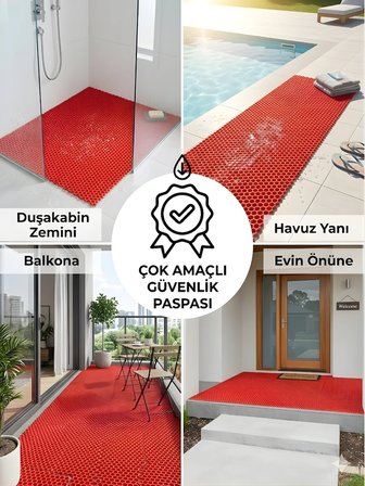 Beylini Petek PVC Paspas Islak Zeminde Kaydırmaz İç Dış Mekan Banyo Duş Lavabo Havuz Kenar Halısı Bal Desen Kırmızı