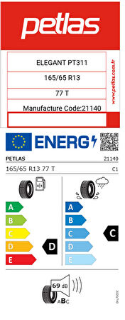 Petlas 165/65 R13 TL 77T ELEGANT PT311 Yaz Lastiği (Üretim Tarihi:2025)