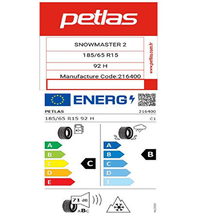 Petlas 185/65 R15 TL 92H REINF. SNOWMASTER 2 Oto Kış Lastiği (Üretim Tarihi:2025)