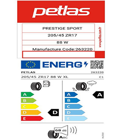 Petlas 205/45 ZR17 TL 88W XL PRESTIGE SPORT Yaz Lastiği (Üretim Tarihi:2025)