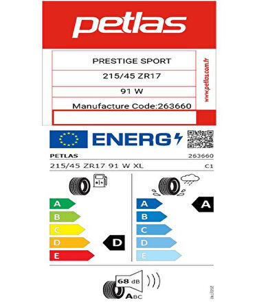 Petlas 215/45 ZR17 TL 91W XL PRESTIGE SPORT Yaz Lastiği (Üretim Tarihi:2025)