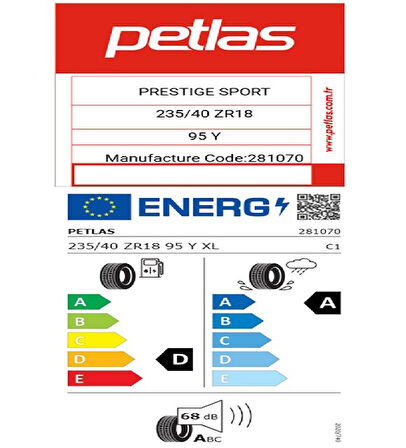 Petlas 235/40 ZR18 TL 95Y XL PRESTIGE SPORT Yaz Lastiği (Üretim Tarihi:2025)