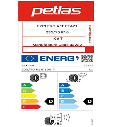 Petlas 235/70 R16 TL 106T EXPLERO A/T PT421 SUV Yaz Lastiği (Üretim Tarihi:2025)