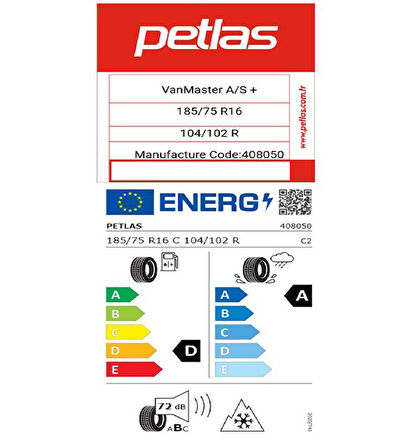 Petlas 185/75 R16 C TL 104/102R 8PR VANMASTER + A/S Kamyonet Dört Mevsim Lastiği (Üretim Tarihi:2025)
