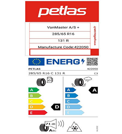 Petlas 285/65 R16 C TL 131R 12PR VANMASTER A/S + Kamyonet Dört Mevsim Lastiği (Üretim Tarihi:2025)