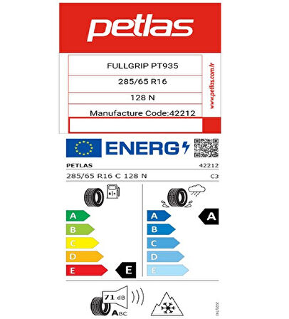 Petlas 285/65 R16 C TL 128N 10PR FULL GRIP PT935 Kamyonet Kış Lastiği (Üretim Tarihi:2025)