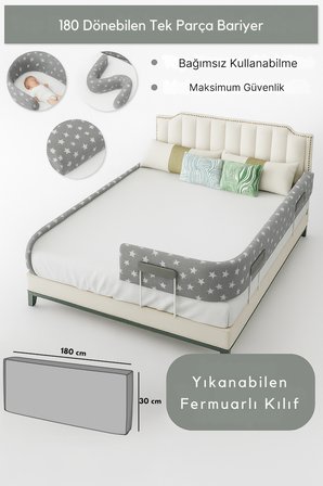 Miralay Yeni Nesil Yatak Bariyeri 180 cm Gri Yıldız - Boyalı