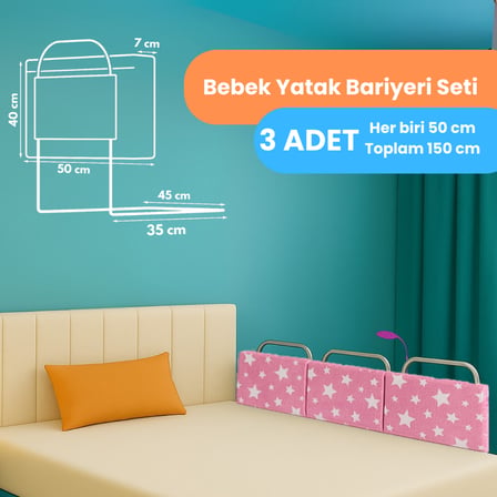 Yatella Yeni Nesil Yatak Bariyeri 50 x 40 cm Pembe Yıldız ( 3 Adet ) - Telalı