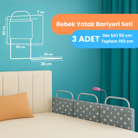 Yatella Yeni Nesil Yatak Bariyeri 50 x 40 Gri Yıldız ( 3 Adet ) - Boyalı
