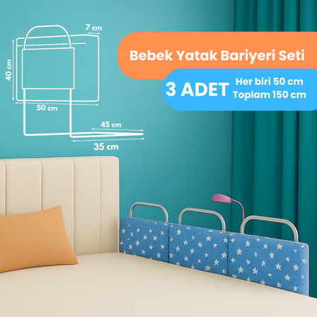 Yatella Yeni Nesil Yatak Bariyeri 50 x 40 cm Mavi Yıldız ( 3 Adet) - Boyalı