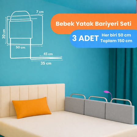 Yatella Yeni Nesil Yatak Bariyeri 50 x 30 cm Gri ( 3 Adet) - Telalı