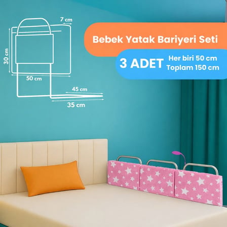 Yatella Yeni Nesil Yatak Bariyeri 50 x 30 cm Pembe Yıldız ( 3 Adet) - Telalı