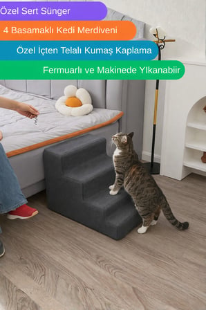 Yatella Özel Sünger Ve Özel Kumaşlı 4 Basamaklı Basamaklı Kedi Köpek Merdiveni