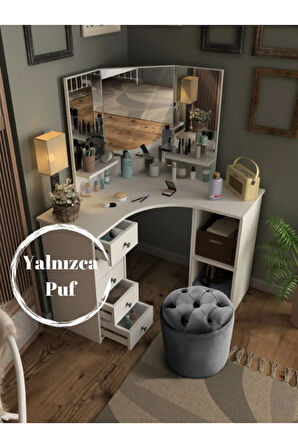 Puffy Puf Açık Gri Chester Model Yuvarlak Puf- Makyaj Masası Pufu