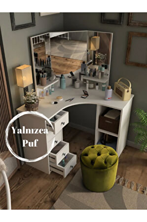 Puffy Puf Sarı Chester Model Yuvarlak Puf- Makyaj Masası Pufu