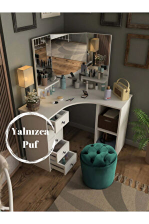 Puffy Puf Yeşil Chester Model Yuvarlak Puf- Makyaj Masası Pufu