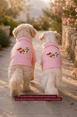 Kedi/Köpek Kıyafeti, Premium Kumaş, Küçük Ve Orta Irklar İçin, Pembe, Kuş Nakışlı Tasarım Kedi/Köpek Gömleği