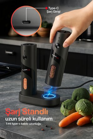 MPIA PG5 Şarjlı Baharat Öğütücü 2’li 110 ml LED Paslanmaz Çelik Bıçak Tuz Karabiber Öğütücü