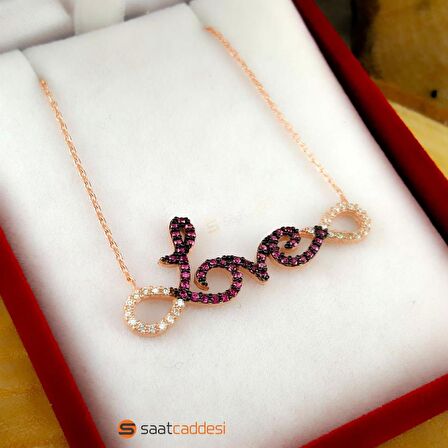 925 Ayar Gümüş Pembe Zirkon Taşlı Love Yazılı Sonsuzluk Kolyesi