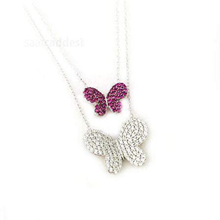 925 Ayar Gümüş Beyaz Fuşya Zirkon Tasli Çift Kelebek Kolye